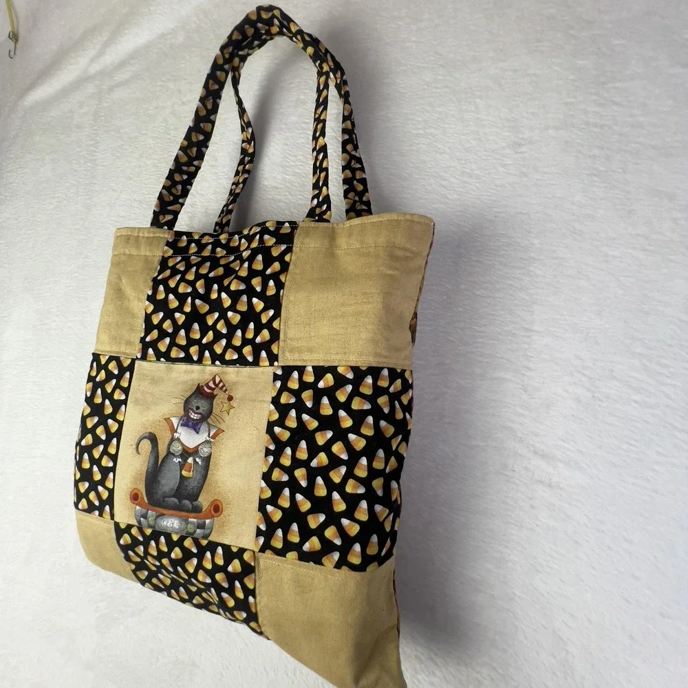 Handmade Halloween Patchwork Quilt Kids 47x38.5 Candy Corn Cat‎ Tote Bag Set